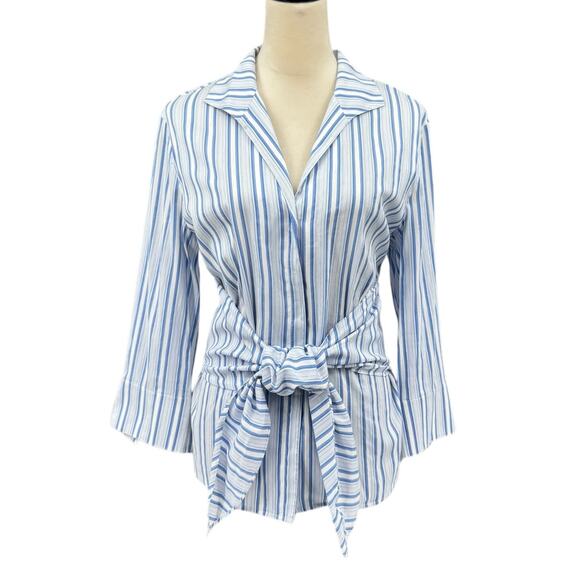 Lafayette 148 New York White & Blue Stripe Silk Blend Button Front Wrap Tie Top - Picture 1 of 13